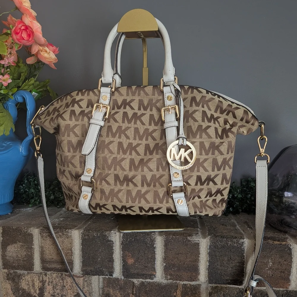 Michael Kors Bedford Signature Satchel Tan Monogram/White trim